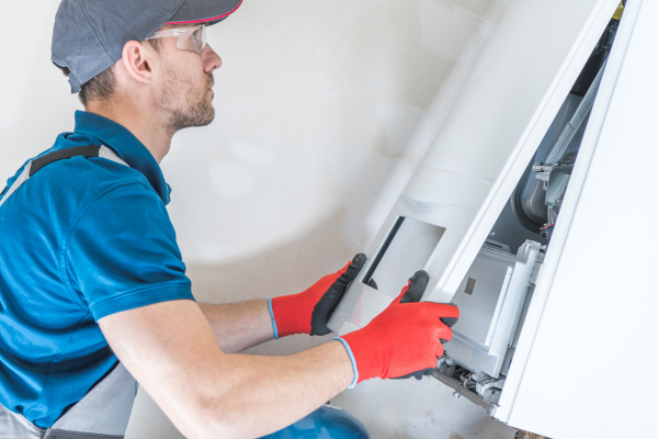 A service technician wearing red safety gloves and a grey cap carefully aligns and attaches the outer white protective panel to an indoor wall-mounted heating system.