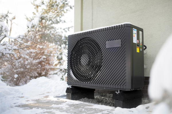 A black outdoor heat pump unit sits on mounting blocks in a snow-covered yard next to a light-colored house wall.