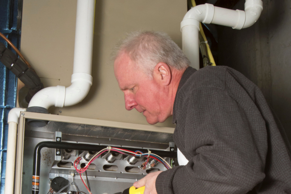 An experienced HVAC technician focuses on inspecting the internal burner assembly and electrical components of an open residential furnace.
