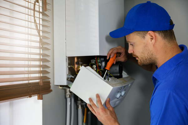 A technician in a blue uniform and cap uses an orange-handled screwdriver to perform maintenance on the internal components of a white wall-mounted furnace.