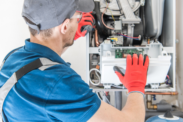 A technician wearing red safety gloves and a grey cap opens the front service panel of a modern furnace to inspect the internal circuit board and wiring.