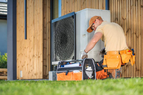 A HVAC technician wearing a tool belt and cap kneels and uses a screwdriver to service a grey outdoor heat pump unit on a concrete pad.