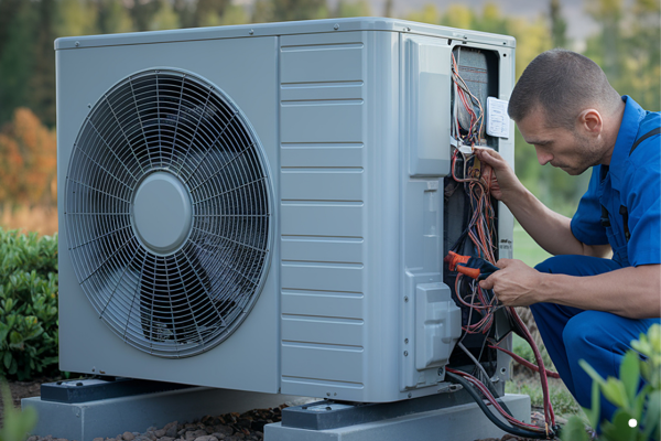 A technician in blue workwear uses a digital clamp meter to test the complex electrical components and wiring inside an open service panel of an outdoor HVAC unit.