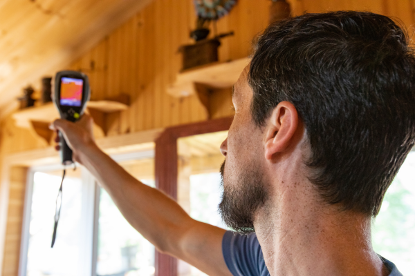 A technician holds up a handheld thermal imaging device to detect heat signatures and potential insulation leaks along the ceiling and walls of a wooden-interior home.