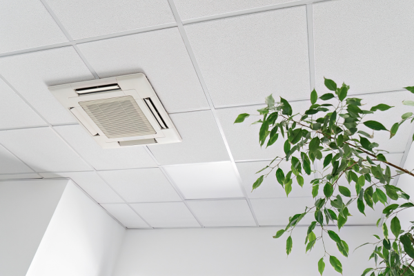 A square, white ceiling cassette air handling unit is neatly integrated into a grid-style suspended office ceiling next to a decorative indoor plant.
