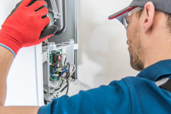 An HVAC technician wearing red safety gloves and protective eyewear performs a close-up inspection of the internal electronic control board and complex wiring of a furnace system.
