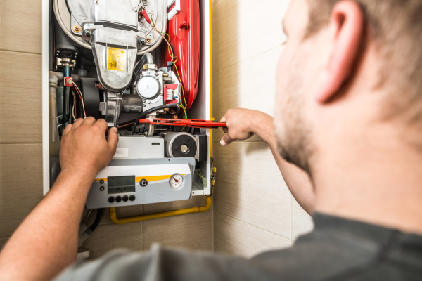 A technician uses a red pipe wrench to tighten a connection inside the open service panel of an indoor wall-mounted heating system.